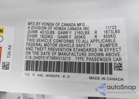 2024 Honda Civic Ex z USA, uszkodzony, nr VIN 2HGFE1F76RH313215